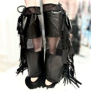 Shiny Snakeskin Leather Legwarmers w Black Mesh Fishnet & Fringe Tassels On Side